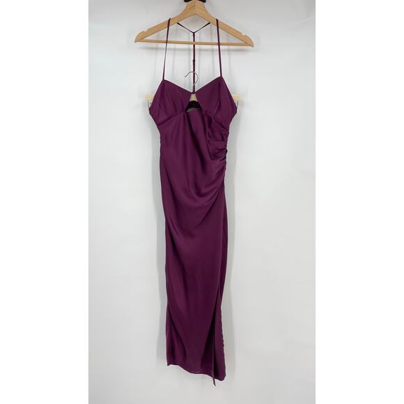 The Sei | Ruched Cut Out Silk Midi Dress in Burgundy Oxblood 2 - Picture 4 of 16